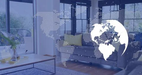 Displaying dotted world map overlay and white globe spanning modern living room Stock Photos