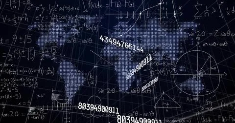 Displaying dotted world map overlaying 3D grid in data space, with math formulas Stock Illustration