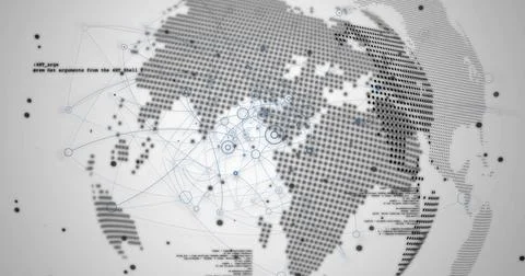 Displaying dotted world map overlaying UI with circular nodes linked blue lines Illustrazione stock