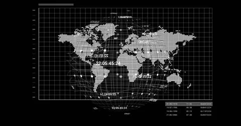 Displaying dotted world map projecting on wireframe globe on dashboard, with Stock Photos