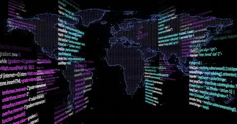 Displaying dotted world map projection glowing on cyberspace dashboard, with Stock Illustration