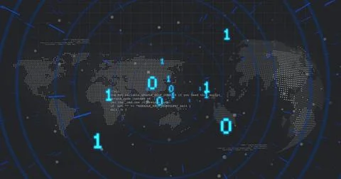 Displaying dotted world map with radar rings scanning on dashboard, showing Stockillustratie
