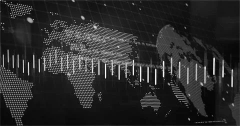 Displaying dotted world map showing rising vertical data bars on dashboard, with Illustrazione stock