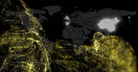 Displaying dotted world map showing data flows on screen, with country markers Stock Photos