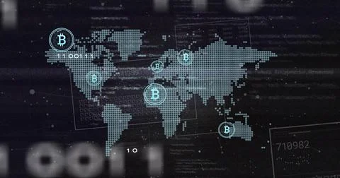 Displaying dotted world map showing glowing Bitcoin icons on cyber dashboard, Stock Photos
