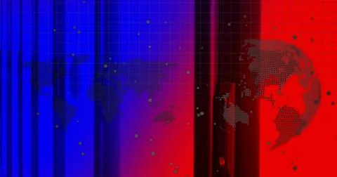 Displaying dotted world map silhouette over gradient bars on screen, with dotted Stock Photos