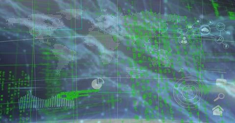 Displaying dotted world map streaming green code across virtual dashboard, with Stock Photos
