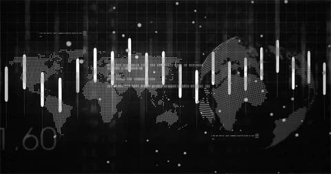 Displaying dotted world map stretching across grid background, with light bars, Illustrazione stock