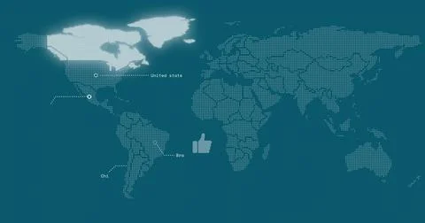 Displaying dotted world map on teal canvas, glowing North America, showing Stock Illustration