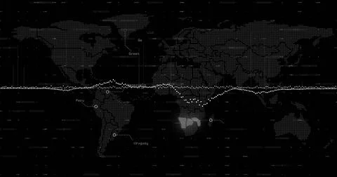 Displaying dotted world map tracing white waveform across monitor with glowing S Stock Illustration