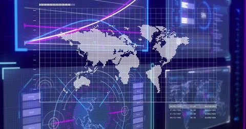 Displaying dotted world map on translucent grid panel at control room showing Illustrazione stock
