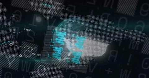 Displaying dotted world map under turquoise scanning frames in virtual interface Stock Illustration