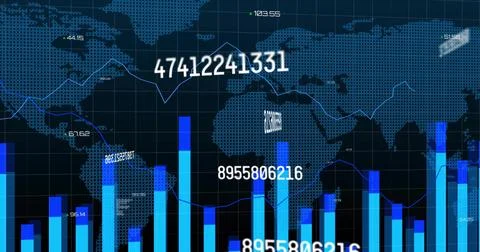 Displaying dotted world map view showing bar graphs, line charts on display, Stock Photos