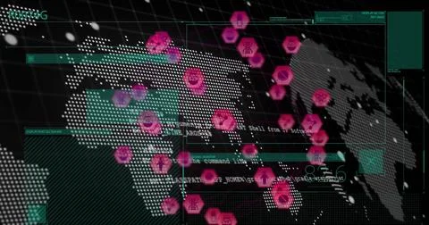 Displaying dotted world map on virtual console, with green panels, terminal Stock Photos