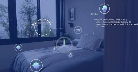 Displaying double bed centered in bedroom, showing nightstand with potted plant Stock Photos