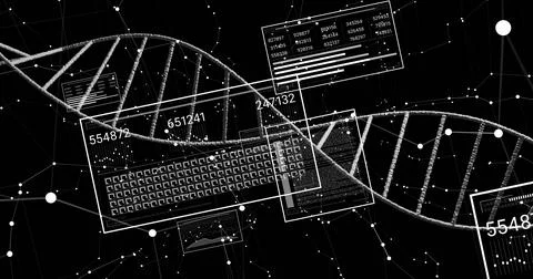 Displaying double-helix DNA strand across digital space, showing UI panels, Stock Illustration