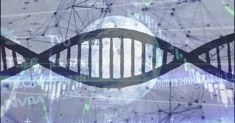 Displaying double helix hovering across data field, with globe, binary code, Stock Photos
