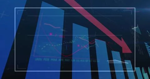 Displaying downward-trending bar chart on dashboard, with blue monthly bars,  库存照片