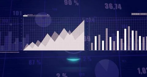 Displaying dual-panel dashboard on blue screen, showing area peaks, bar chart Illustrazione stock