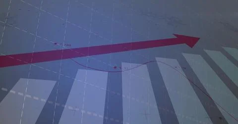 Displaying dynamic red arrow trending upward on virtual dashboard, with bar Illustrazione stock