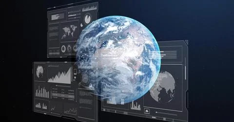 Displaying Earth globe centered in orbital view, showing holographic UI panels イラスト素材