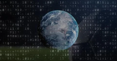 Displaying Earth globe in digital backdrop, with binary overlay, silhouette a Stock Illustration