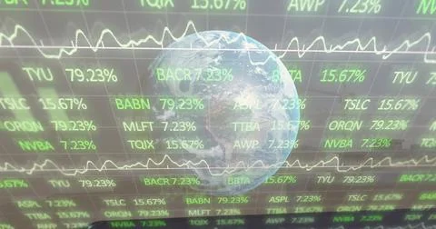 Displaying Earth globe floating over trading dashboard, showing green tickers, Stock Illustration