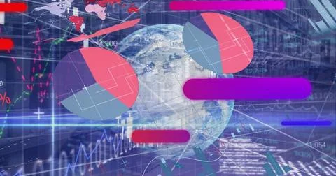 Displaying Earth globe floating over digital dashboard, with pie, bar and line 스톡 사진