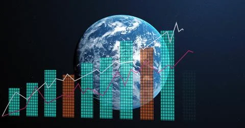 Displaying Earth globe floating in space, with teal orange grid bars and white Stock Illustration