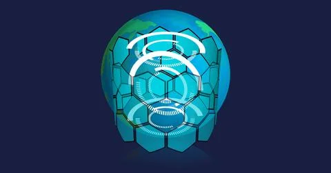 Displaying Earth globe with hexagon grid and UI rings on navy background, data Stockfoto's