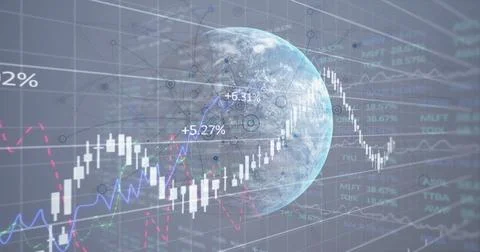 Displaying Earth globe with nodes, percentage labels in finance dashboard with Stock Illustration