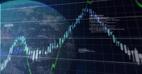Displaying Earth globe over grid in dashboard with candlestick bars and code Stock Illustration