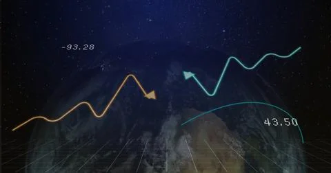 Displaying Earth globe over outer space, with 3D grid plane, neon arrowed lines Ilustração Stock