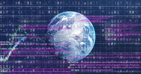 Displaying Earth globe rotating in cyber grid, with binary digits, code, magenta Stock Photos