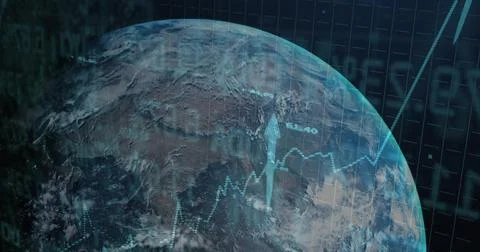 Displaying Earth globe rotating in dashboard with cyan grid charts, upward 스톡 일러스트