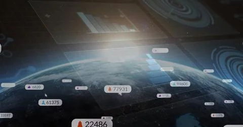 Displaying Earth globe rotating in orbit with holographic grid and floating 스톡 일러스트