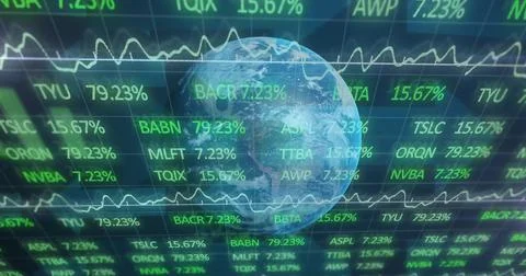 Displaying Earth globe rotating over dark grid display, with tickers, percent Ilustração Stock