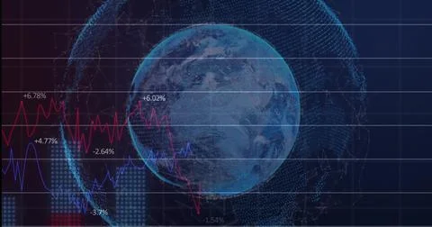 Displaying Earth globe rotating in virtual dashboard, showing red blue charts Stock Illustration
