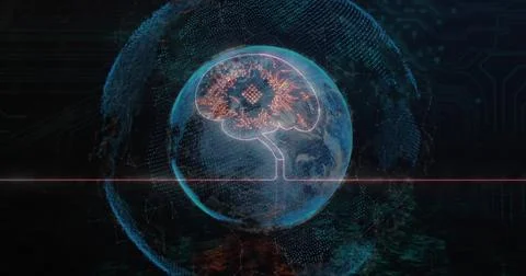 Displaying Earth globe showing brain-shaped circuitry overlay in virtual fiel Stock Illustration