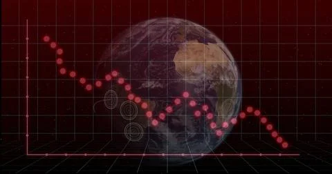 Displaying Earth globe showing falling red line graph in grid interface, with Stock Illustration