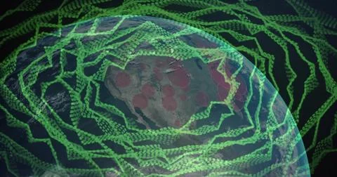 Displaying Earth globe spinning in outer space, with green binary streams and Stock Illustration