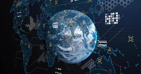 Displaying Earth globe with vector outlines on dashboard, showing hex clusters Illustrazione stock