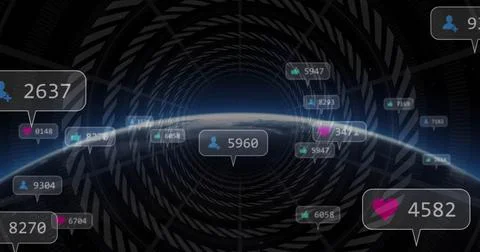 Displaying Earth horizon with floating notification bubbles in outer space, Stockillustratie
