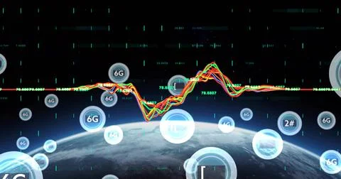 Displaying Earth limb and multicolored waveform moving over low Earth orbit, Stock Illustration