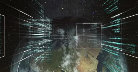 Displaying Earth orb rotating in outer space with floating interface panels and Foto stock