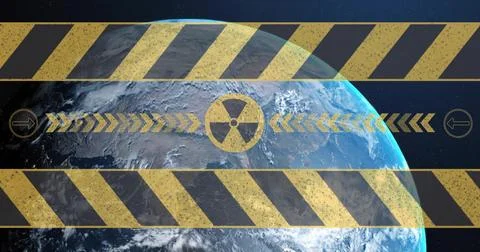 Displaying Earth partly lit from orbit, showing caution stripes, radiation Stock Illustration