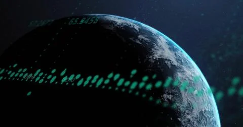 Displaying Earth rotating in orbit, showing atmospheric limb, cloud bands, teal Stock Illustration