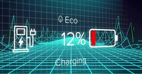 Displaying eco-charging graphic hovering over wireframe grid, with plug icon and イラスト素材