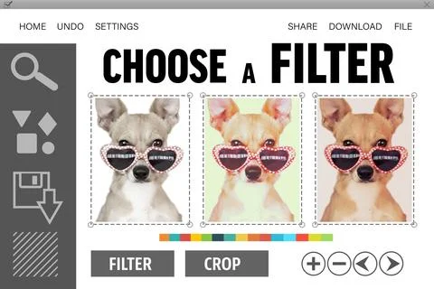 Displaying editing UI three filter preview panels swatch bar and tan dog wearing Stock Illustration