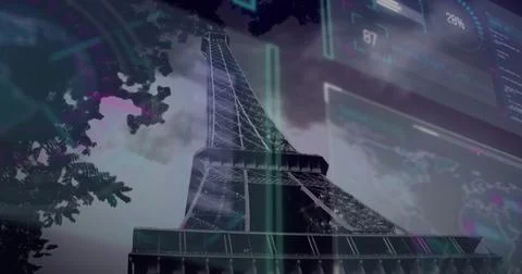 Displaying Eiffel Tower rising into cloudy Paris sky, with neon-green and purple Stock Photos